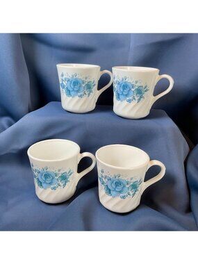 Vintage Corning Ware Milk Glass Coffee Mugs Set of 4 Blue Floral Blue velvet